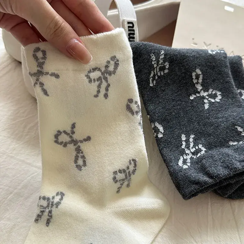 3 Pairs Cute Bow Women Socks Spring Autumn Soft Cotton Middle Tube Socks Sweet Girl Breathable Bowknot Socks