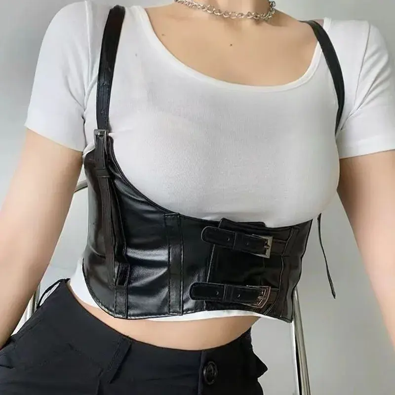 Black Double Buckle Belts for Women PU Leather Wide Corset Cummerbunds Crop Top Lady Dress Slim Body Bustier Straps