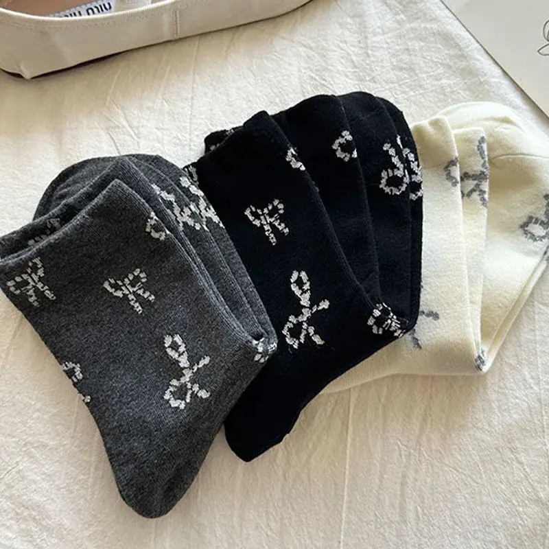 3 Pairs Cute Bow Women Socks Spring Autumn Soft Cotton Middle Tube Socks Sweet Girl Breathable Bowknot Socks
