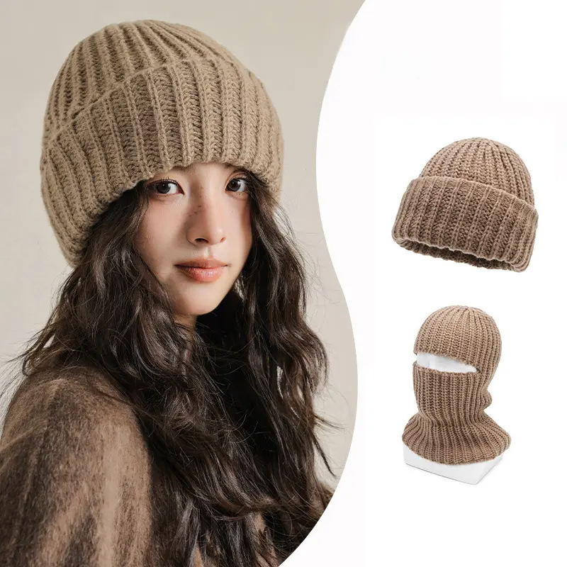 Solid Color Knitted Balaclava Hats for Women Winter Thicken Warm Face Mask Hooded Bonnet Outdoor Windproof Woolen Beanies Caps