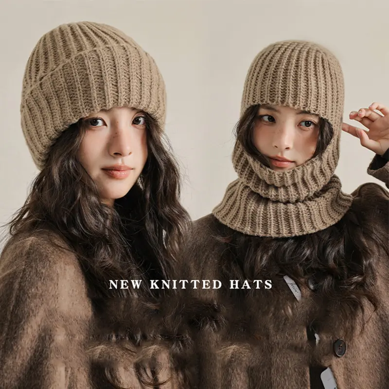 Solid Color Knitted Balaclava Hats for Women Winter Thicken Warm Face Mask Hooded Bonnet Outdoor Windproof Woolen Beanies Caps