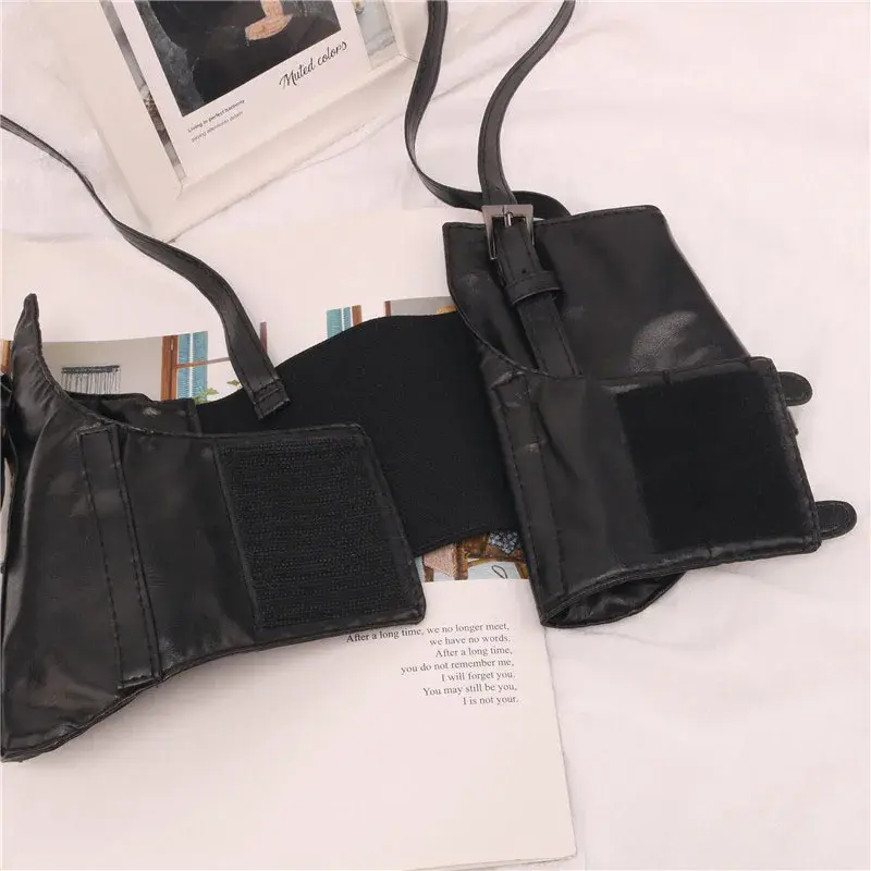 Black Double Buckle Belts for Women PU Leather Wide Corset Cummerbunds Crop Top Lady Dress Slim Body Bustier Straps