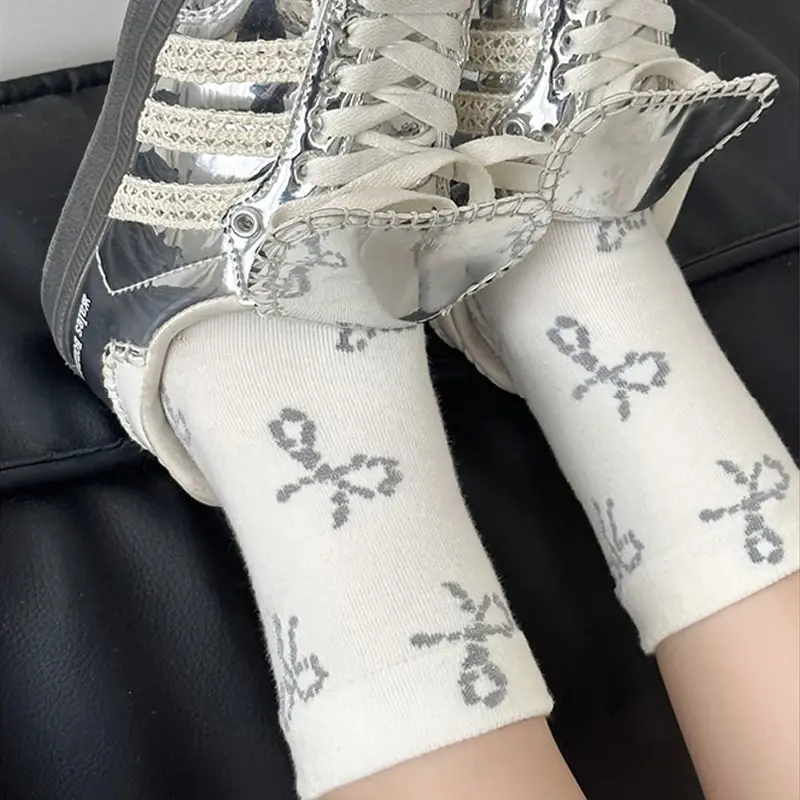 3 Pairs Cute Bow Women Socks Spring Autumn Soft Cotton Middle Tube Socks Sweet Girl Breathable Bowknot Socks