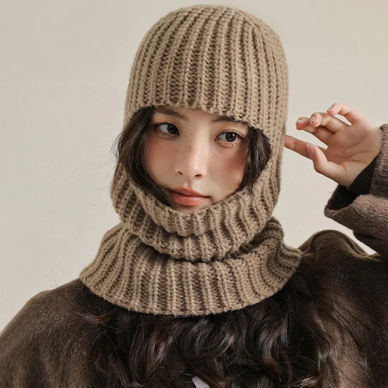 Solid Color Knitted Balaclava Hats for Women Winter Thicken Warm Face Mask Hooded Bonnet Outdoor Windproof Woolen Beanies Caps
