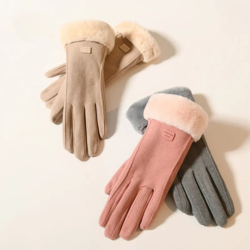 Thicken Suede Gloves for Women Winter Lush Lining Warm Five Finger Mittens Solid Color Touch Screen Gloves