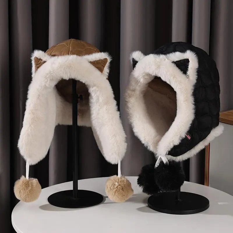 Cute Ears Women Bomber Hats Winter Thicken Plush Warm Ear Protection Hats Fluffy Fur Outdoor Windproof Earmuffs Caps