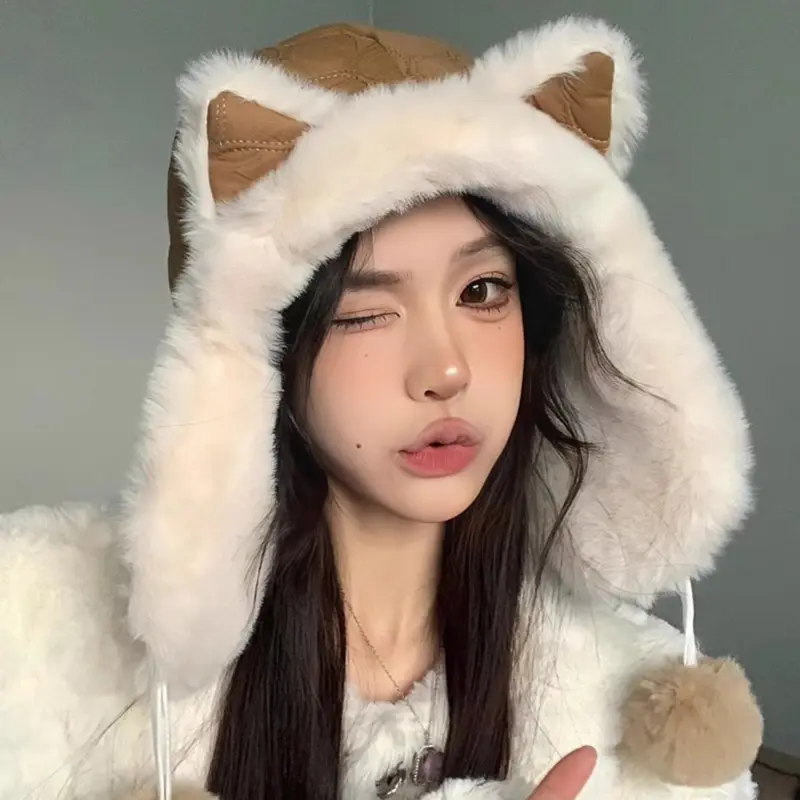Cute Ears Women Bomber Hats Winter Thicken Plush Warm Ear Protection Hats Fluffy Fur Outdoor Windproof Earmuffs Caps