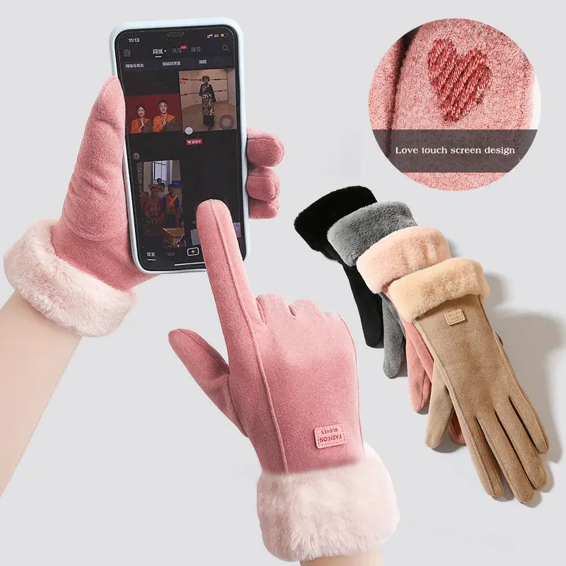 Thicken Suede Gloves for Women Winter Lush Lining Warm Five Finger Mittens Solid Color Touch Screen Gloves