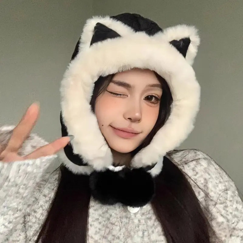 Cute Ears Women Bomber Hats Winter Thicken Plush Warm Ear Protection Hats Fluffy Fur Outdoor Windproof Earmuffs Caps