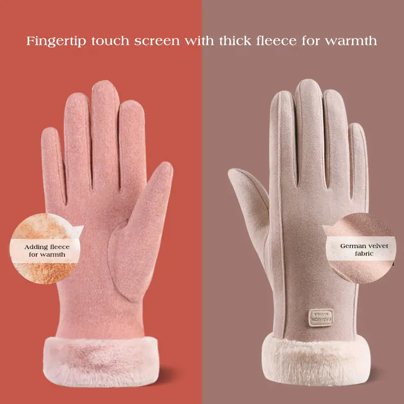 Thicken Suede Gloves for Women Winter Lush Lining Warm Five Finger Mittens Solid Color Touch Screen Gloves