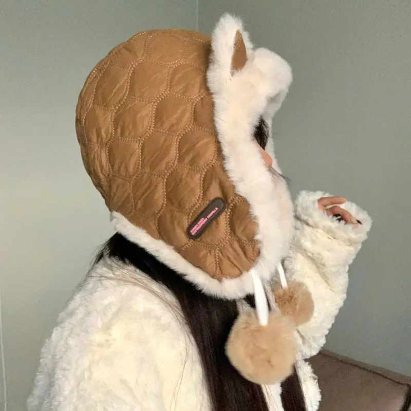 Cute Ears Women Bomber Hats Winter Thicken Plush Warm Ear Protection Hats Fluffy Fur Outdoor Windproof Earmuffs Caps