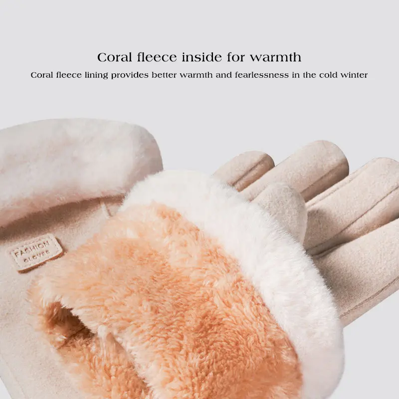 Thicken Suede Gloves for Women Winter Lush Lining Warm Five Finger Mittens Solid Color Touch Screen Gloves