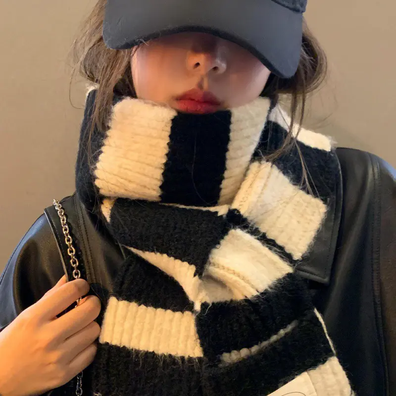 Korean Patchwork Stripe Women Scarf Winter Thicken Knitted Warm Long Neckerchief Japanese Outdoor Girl Windproof Neck Covers