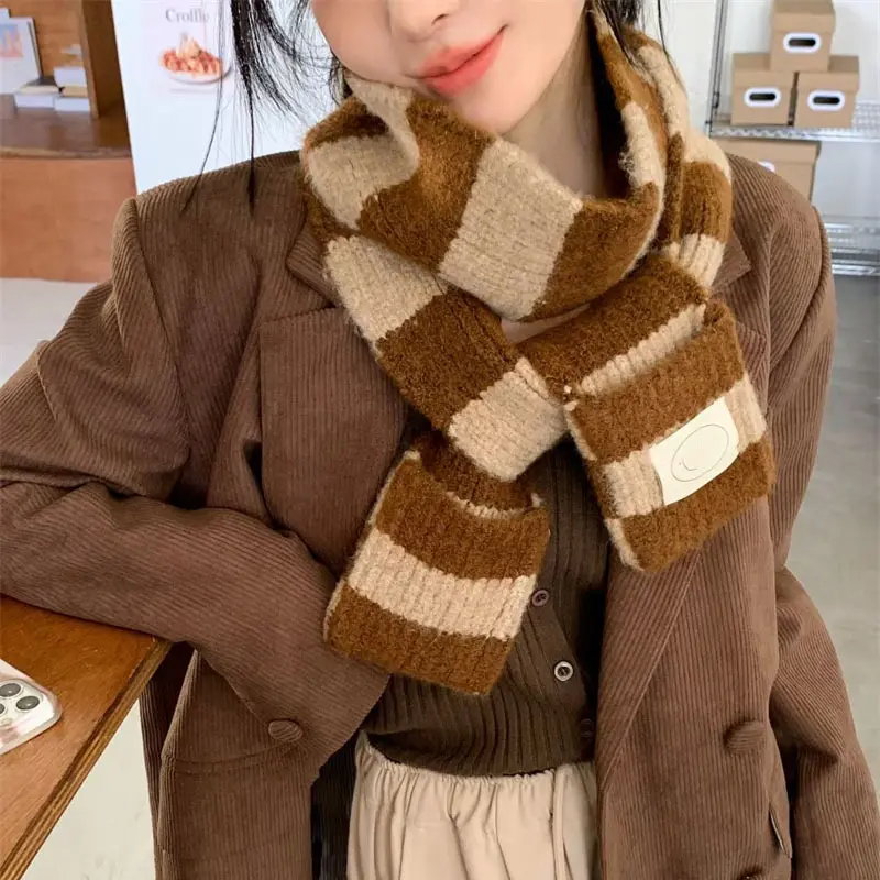 Korean Patchwork Stripe Women Scarf Winter Thicken Knitted Warm Long Neckerchief Japanese Outdoor Girl Windproof Neck Covers