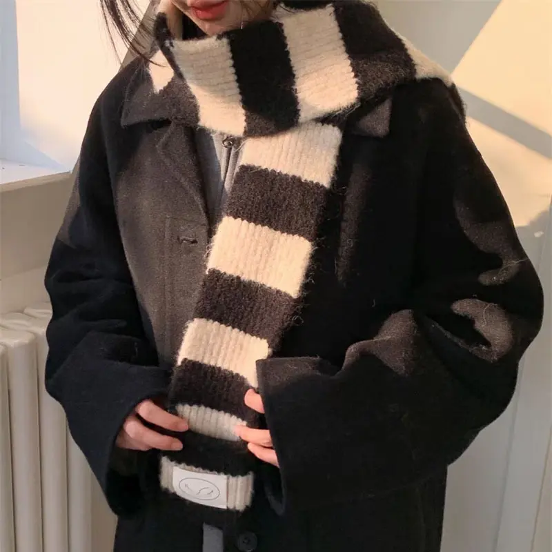 Korean Patchwork Stripe Women Scarf Winter Thicken Knitted Warm Long Neckerchief Japanese Outdoor Girl Windproof Neck Covers