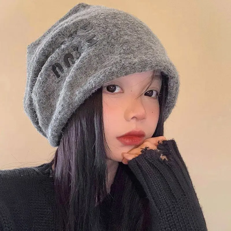 Fashion Letter Baggy Caps Beanies for Women Autumn Winter Knitted Woolen Warm Skullcaps Lady Ear Protection Slouchy Pile Caps