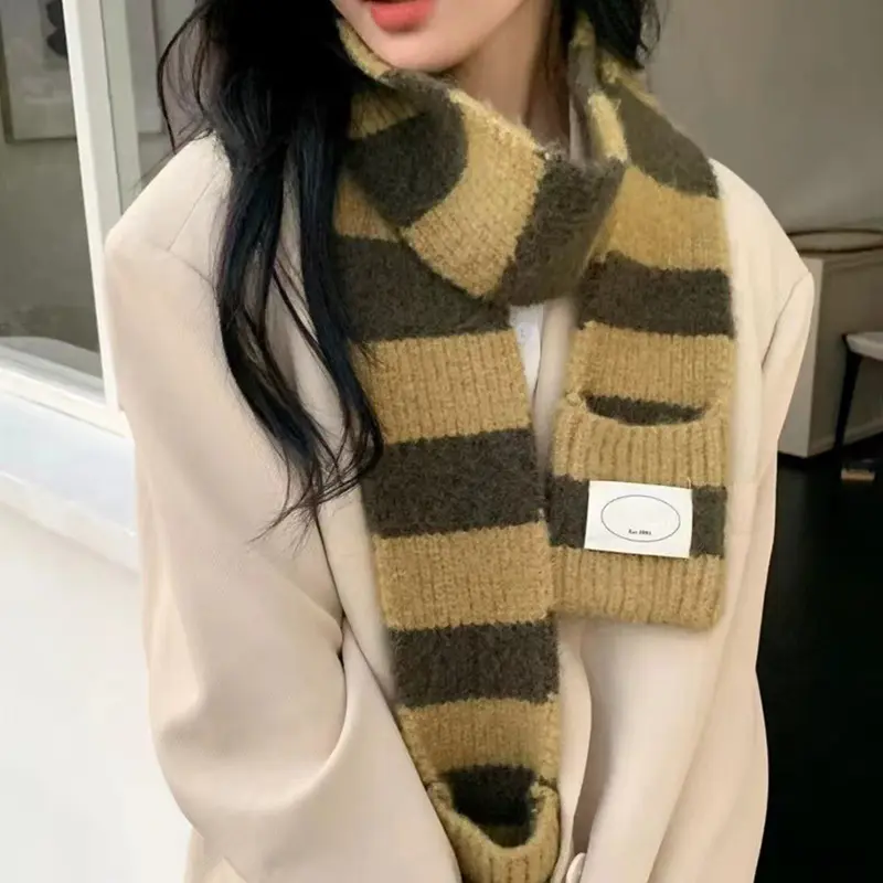 Korean Patchwork Stripe Women Scarf Winter Thicken Knitted Warm Long Neckerchief Japanese Outdoor Girl Windproof Neck Covers