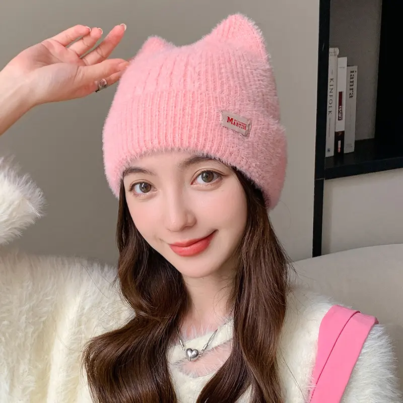 Cute Ears Women Knitted Beanies Winter Thicken Plush Warm Pullover Hats Outdoor Lady Girl Windproof Caps Bonnet