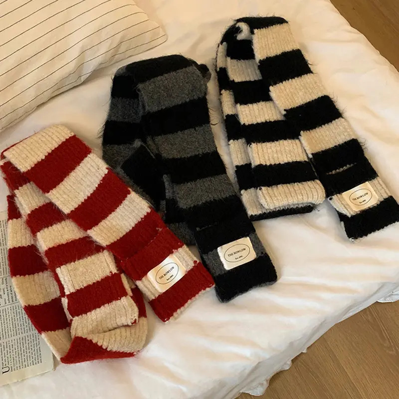 Korean Patchwork Stripe Women Scarf Winter Thicken Knitted Warm Long Neckerchief Japanese Outdoor Girl Windproof Neck Covers
