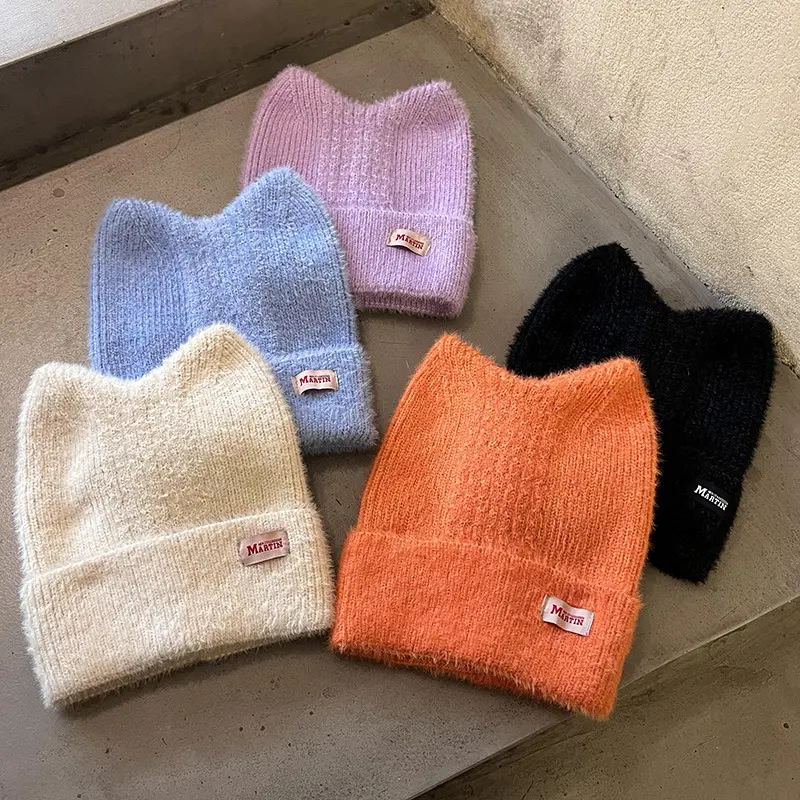 Cute Ears Women Knitted Beanies Winter Thicken Plush Warm Pullover Hats Outdoor Lady Girl Windproof Caps Bonnet