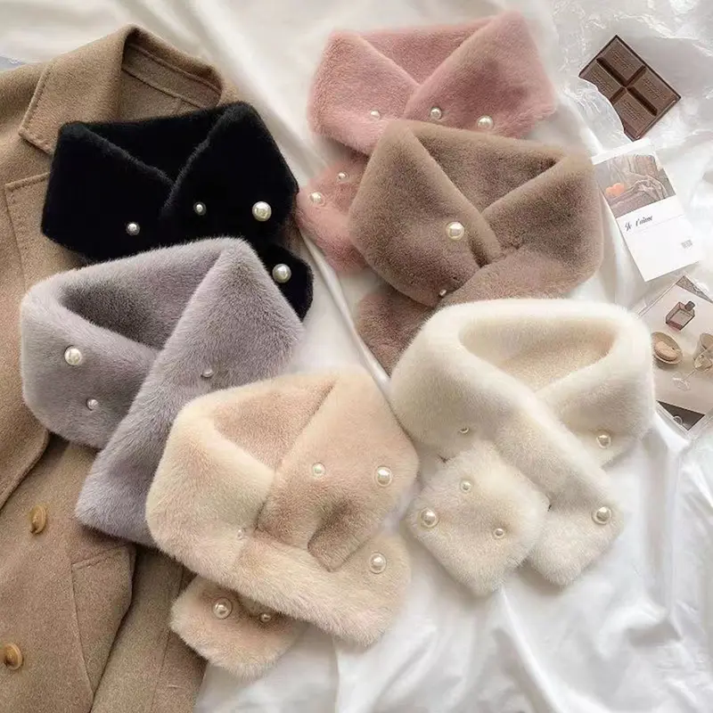 Elegant Pearl Plush Scarf for Women Faux Rabbit Fur Winter Thicken Warm Cross Neckerchief Lady Outdoor Windproof Neck Covers