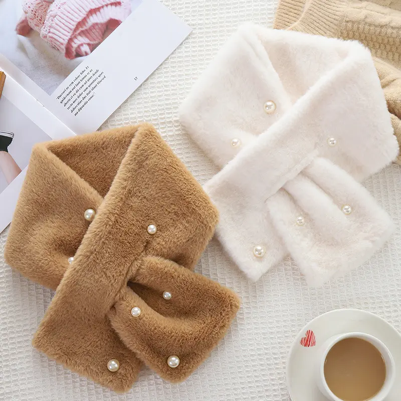 Elegant Pearl Plush Scarf for Women Faux Rabbit Fur Winter Thicken Warm Cross Neckerchief Lady Outdoor Windproof Neck Covers