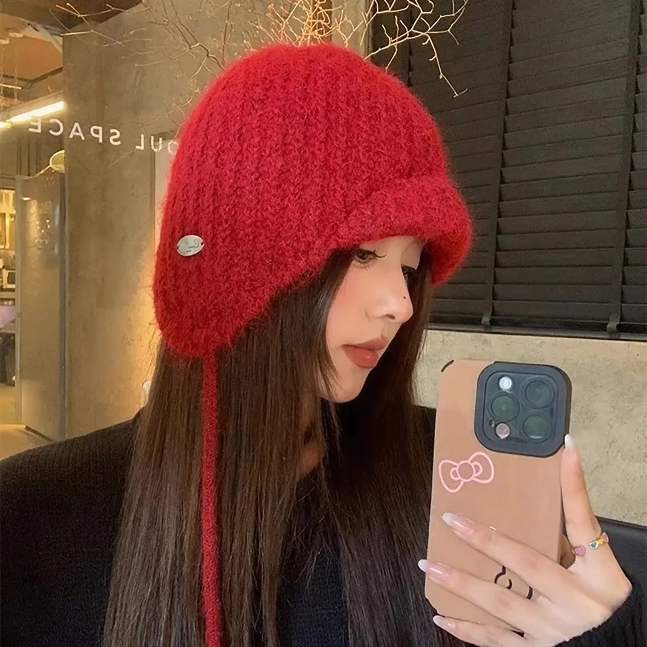 Solid Color Knitted Warm Earmuffs Caps for Women Winter Thicken Lacing Ear Protection Hats Korean Girl Anti-Cold Bonnet