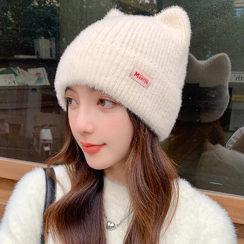 Cute Ears Women Knitted Beanies Winter Thicken Plush Warm Pullover Hats Outdoor Lady Girl Windproof Caps Bonnet
