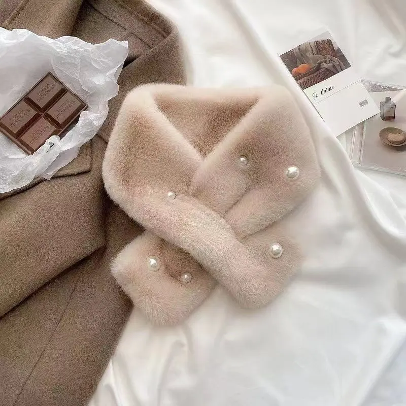 Elegant Pearl Plush Scarf for Women Faux Rabbit Fur Winter Thicken Warm Cross Neckerchief Lady Outdoor Windproof Neck Covers