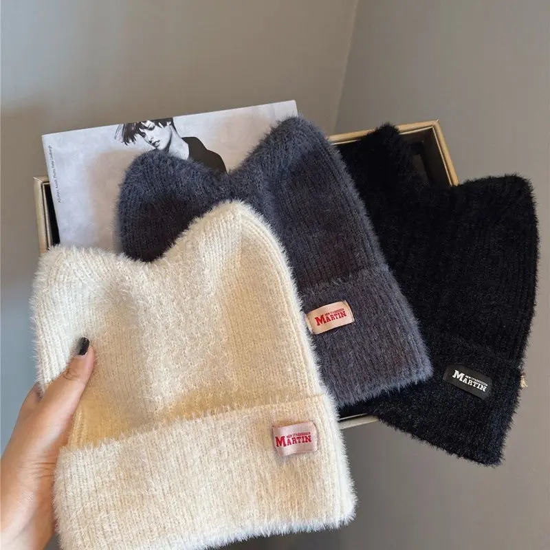 Cute Ears Women Knitted Beanies Winter Thicken Plush Warm Pullover Hats Outdoor Lady Girl Windproof Caps Bonnet