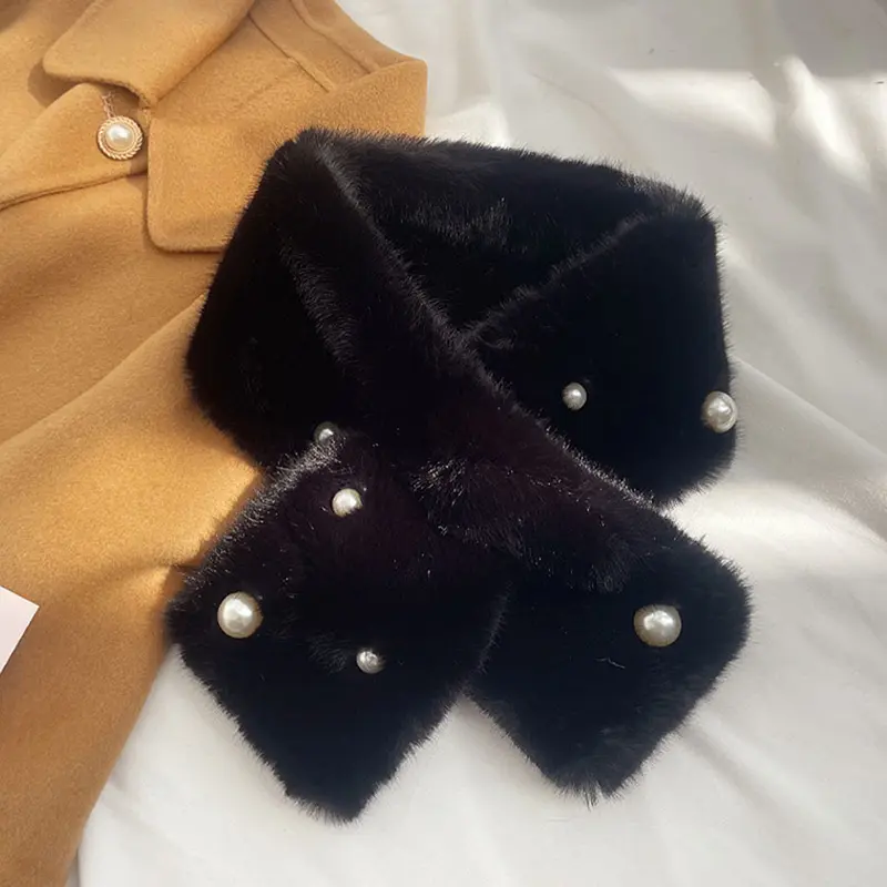 Elegant Pearl Plush Scarf for Women Faux Rabbit Fur Winter Thicken Warm Cross Neckerchief Lady Outdoor Windproof Neck Covers