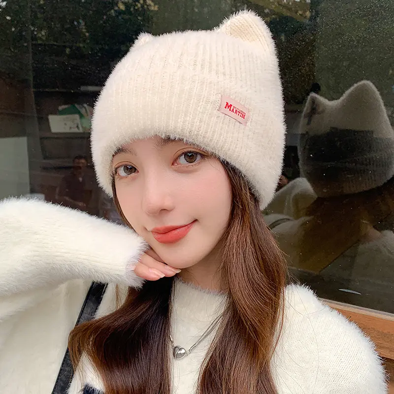 Cute Ears Women Knitted Beanies Winter Thicken Plush Warm Pullover Hats Outdoor Lady Girl Windproof Caps Bonnet