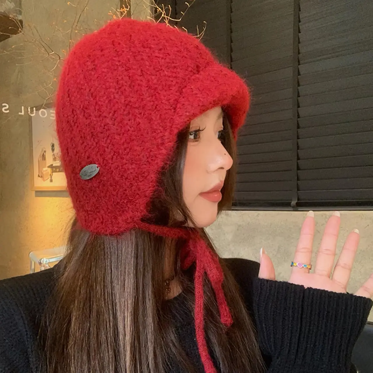 Solid Color Knitted Warm Earmuffs Caps for Women Winter Thicken Lacing Ear Protection Hats Korean Girl Anti-Cold Bonnet