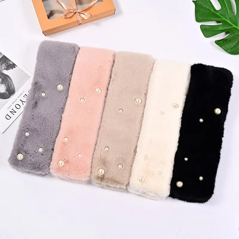 Elegant Pearl Plush Scarf for Women Faux Rabbit Fur Winter Thicken Warm Cross Neckerchief Lady Outdoor Windproof Neck Covers