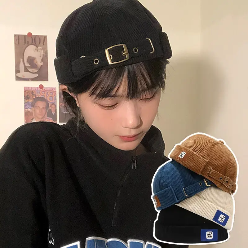 Retro Corduroy Brimless Hats for Men Women Autumn Winter Solid Color Dome Landlord Fashion Hip Hop Melon Caps