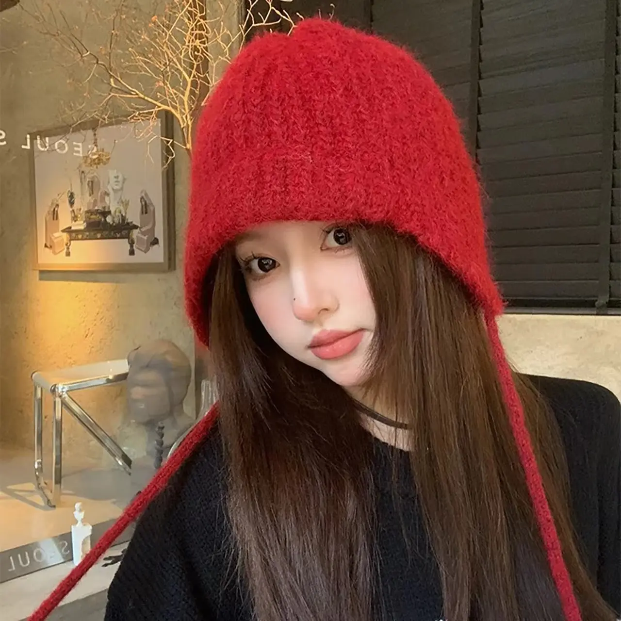 Solid Color Knitted Warm Earmuffs Caps for Women Winter Thicken Lacing Ear Protection Hats Korean Girl Anti-Cold Bonnet