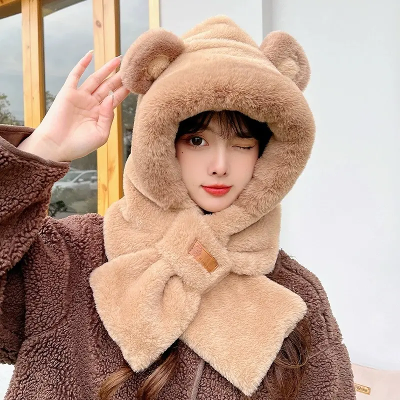 Cute Bear Hooded Scarf Hat for Women Winter Thicken Plush Warm Ear Protection Hats Outdoor Anti-Cold Fluffy Fur Bonnet Caps