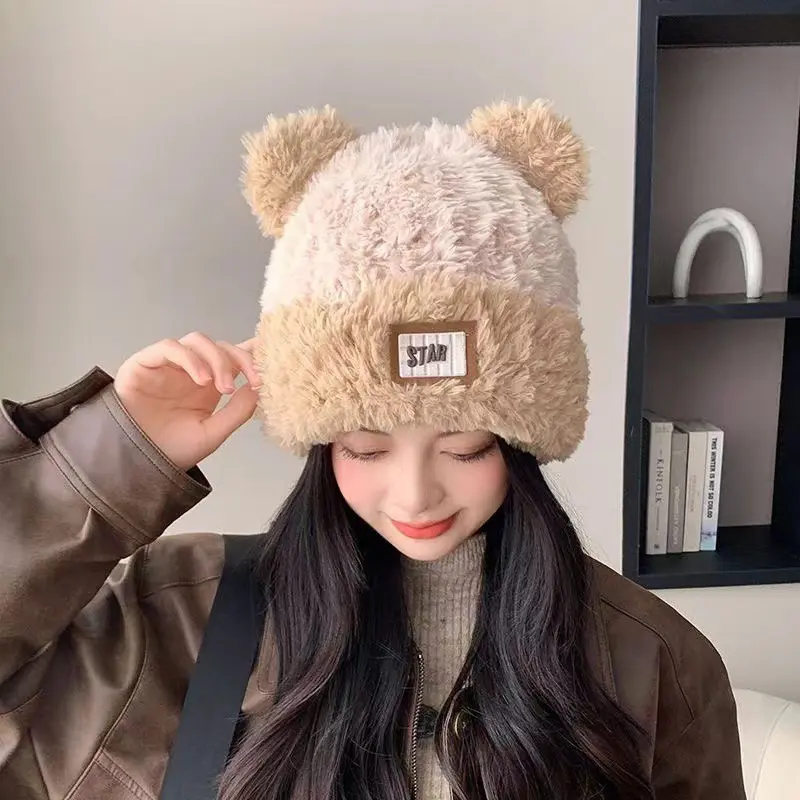 Cartoon Plush Knitted Hats for Women Cute Cat Ears Thicken Fluffy Fur Warm Pullover Hats Outdoor Windproof Ear Protection Hats