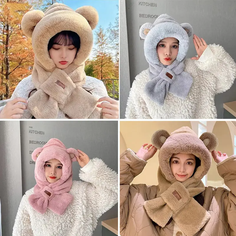 Cute Bear Hooded Scarf Hat for Women Winter Thicken Plush Warm Ear Protection Hats Outdoor Anti-Cold Fluffy Fur Bonnet Caps