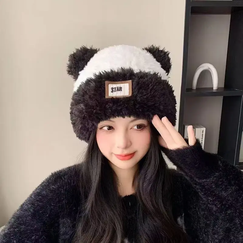 Cartoon Plush Knitted Hats for Women Cute Cat Ears Thicken Fluffy Fur Warm Pullover Hats Outdoor Windproof Ear Protection Hats