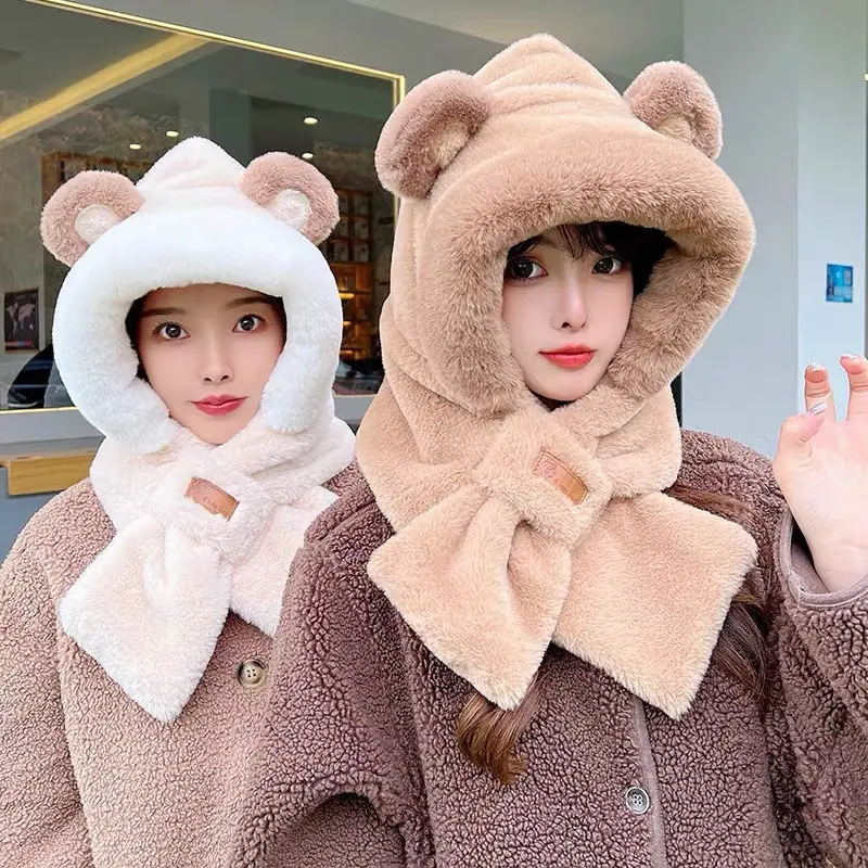 Cute Bear Hooded Scarf Hat for Women Winter Thicken Plush Warm Ear Protection Hats Outdoor Anti-Cold Fluffy Fur Bonnet Caps