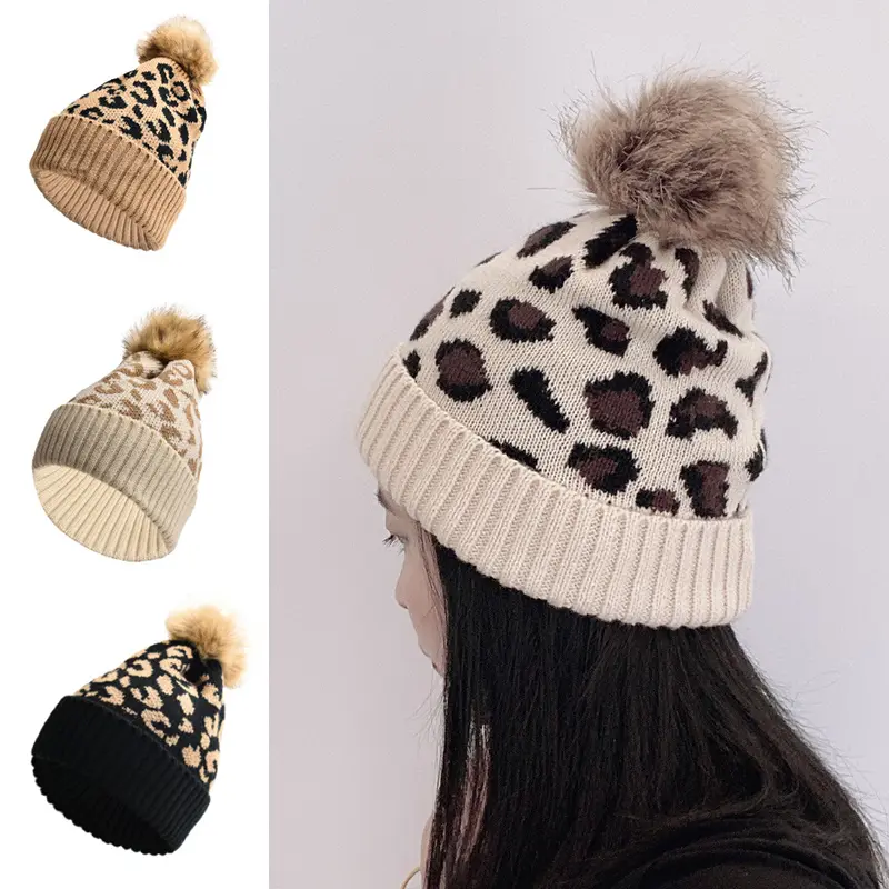 Retro Leopard Print Knitted Hats for Women Winter Thicken Soft Woolen Warm Pullover Hats Cute Pompom Girl Windproof Thermal Caps