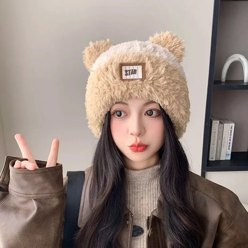 Cartoon Plush Knitted Hats for Women Cute Cat Ears Thicken Fluffy Fur Warm Pullover Hats Outdoor Windproof Ear Protection Hats