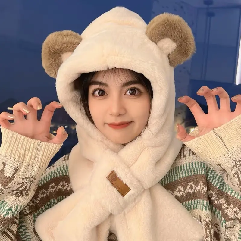 Cute Bear Hooded Scarf Hat for Women Winter Thicken Plush Warm Ear Protection Hats Outdoor Anti-Cold Fluffy Fur Bonnet Caps