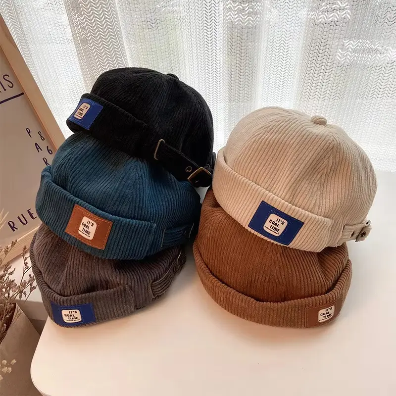 Retro Corduroy Brimless Hats for Men Women Autumn Winter Solid Color Dome Landlord Fashion Hip Hop Melon Caps