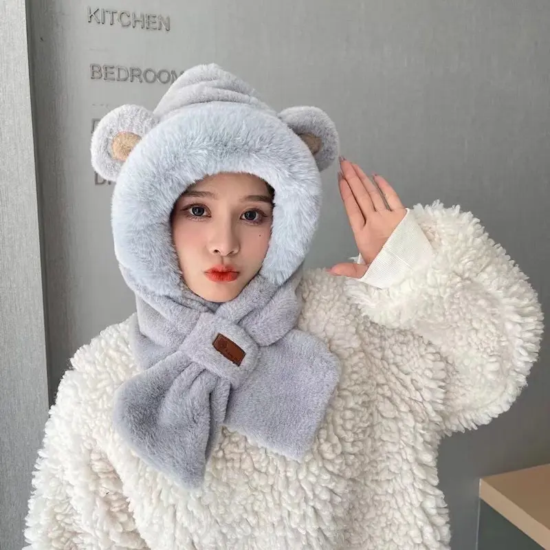 Cute Bear Hooded Scarf Hat for Women Winter Thicken Plush Warm Ear Protection Hats Outdoor Anti-Cold Fluffy Fur Bonnet Caps