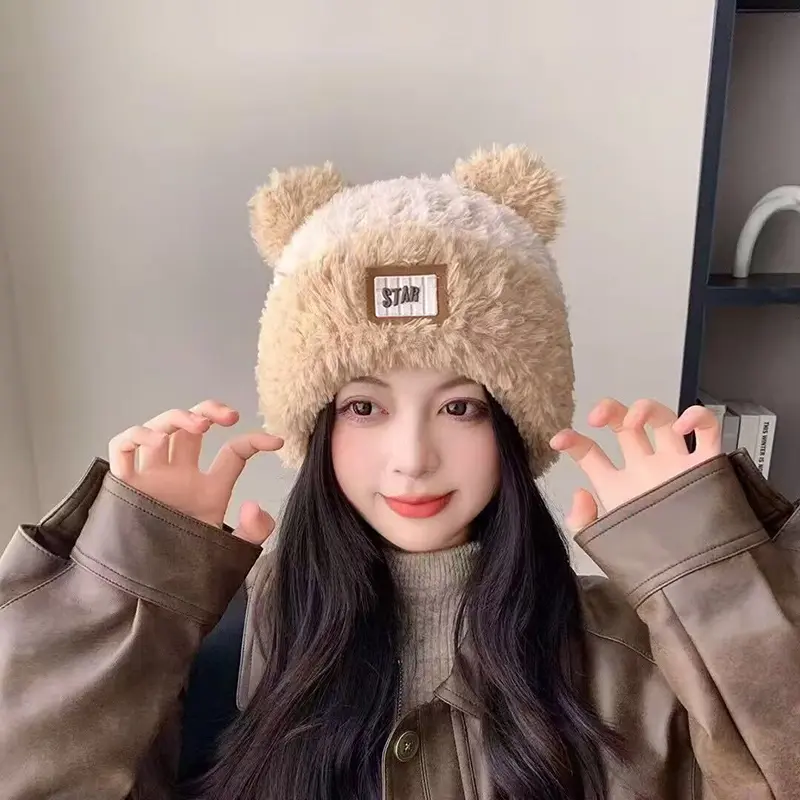 Cartoon Plush Knitted Hats for Women Cute Cat Ears Thicken Fluffy Fur Warm Pullover Hats Outdoor Windproof Ear Protection Hats