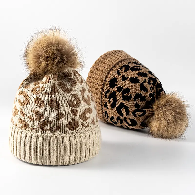 Retro Leopard Print Knitted Hats for Women Winter Thicken Soft Woolen Warm Pullover Hats Cute Pompom Girl Windproof Thermal Caps