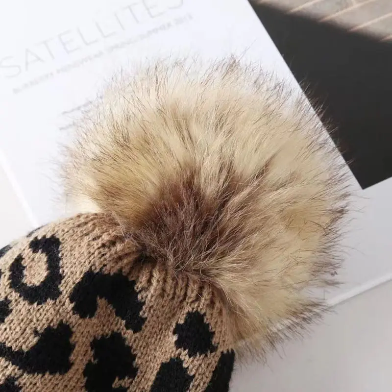 Retro Leopard Print Knitted Hats for Women Winter Thicken Soft Woolen Warm Pullover Hats Cute Pompom Girl Windproof Thermal Caps