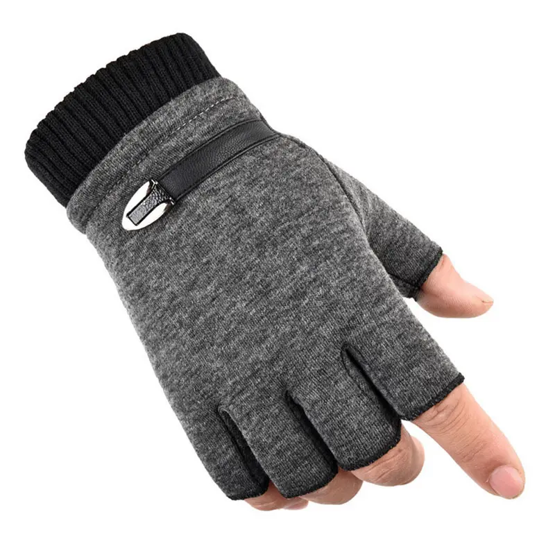 Winter Fleece Warm Gloves Men Half Finger Gloves Stretch Fingerless Mittens For Outdoor Cycling Driving Gloves